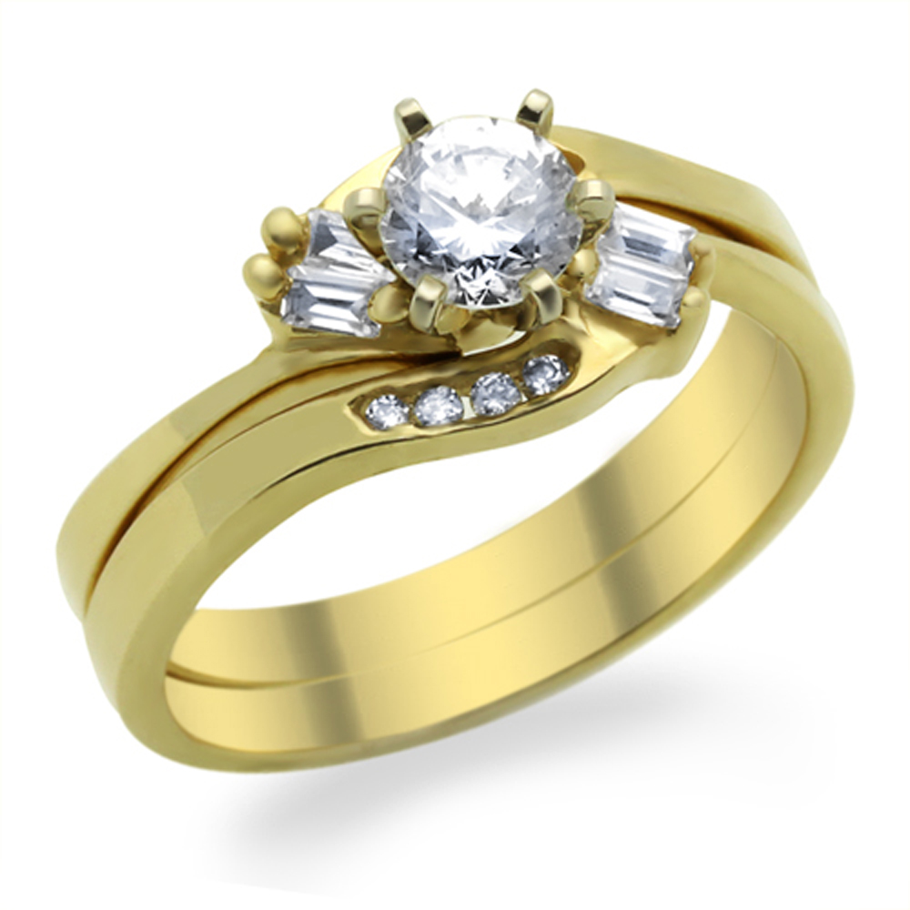 DoubleAccent 14K Yellow Gold 1ct Simulated Diamond CZ Round Cut Solitaire Engagement Ring Set