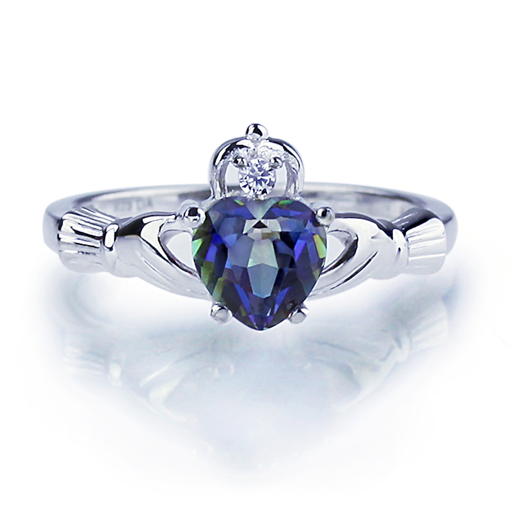 Double Accent Rhodium Plated Sterling Silver Wedding & Engagement Ring Rainbow Topaz CZ Claddagh Ring 9MM ( Size 4 to 9)