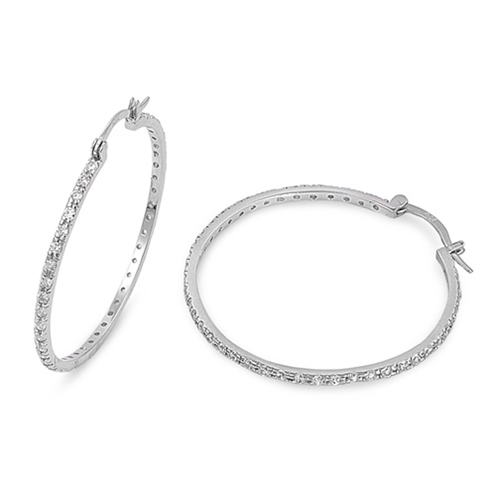 DoubleAccent Sterling Silver Prong Set Round CZ 2.5mm Width Hoop Earring - 34mm