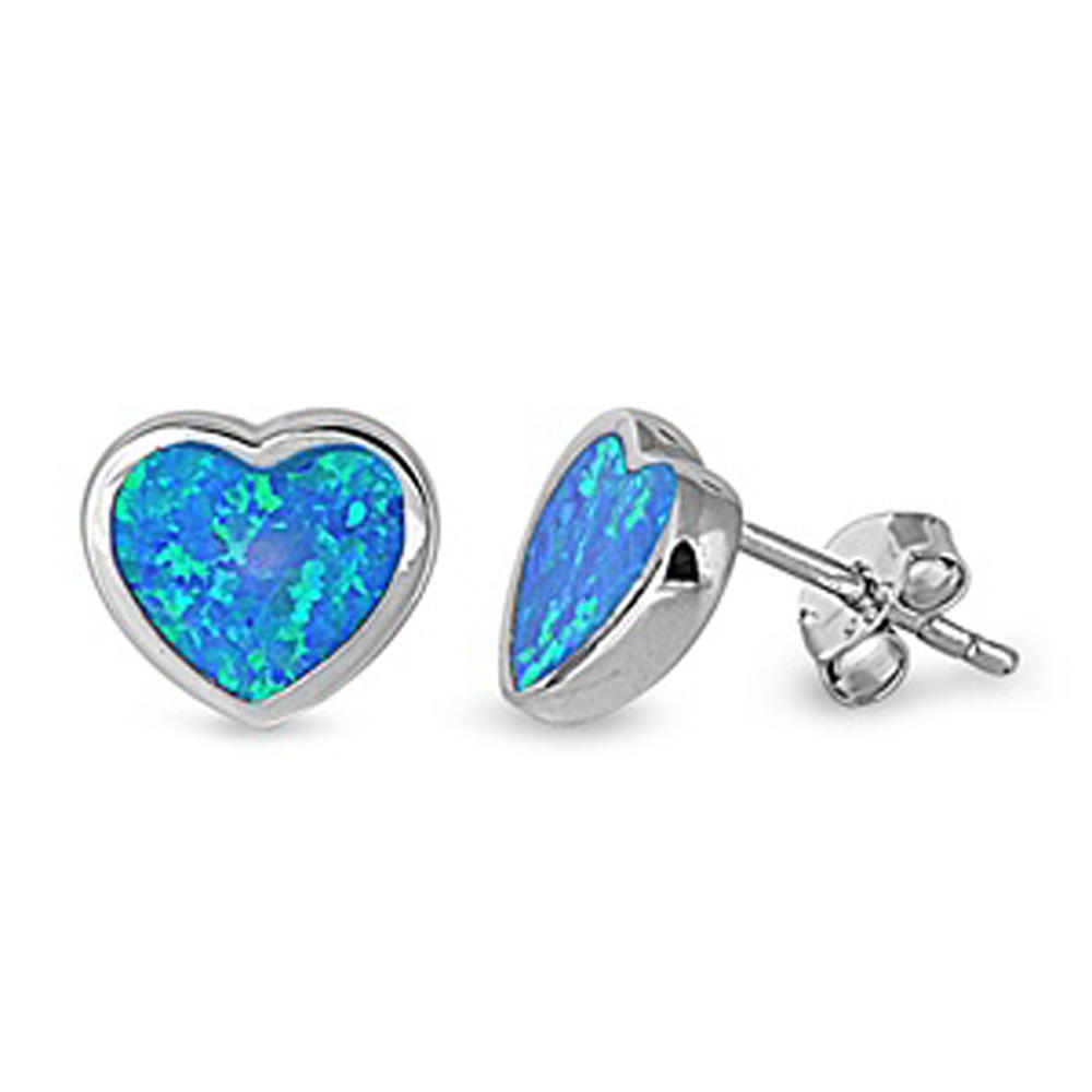 DoubleAccent Sterling Silver Lab Opal Heart Stud Earring - Blue