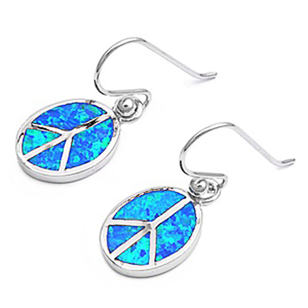 DoubleAccent Sterling Silver Lab Opal Oval Peace Sign Dangle Fish Wire Earring - Blue