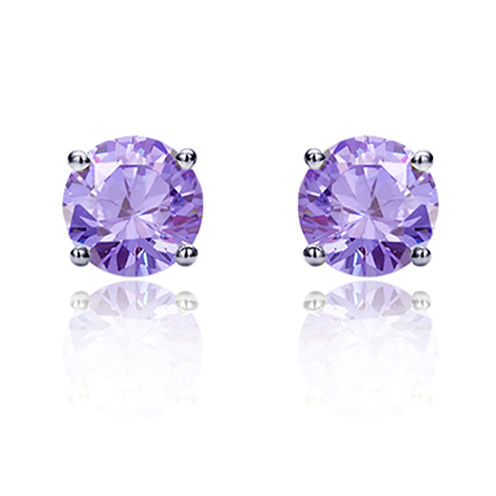 DoubleAccent Sterling Silver 9mm Round CZ Earrings Casting Prong Setting Stud Earring - Jun-Lavender
