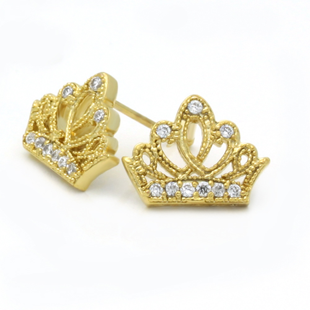 DoubleAccent 14K Yellow Gold Plated antique Crown CZ Stud Screw Back Earrings For Children & Women