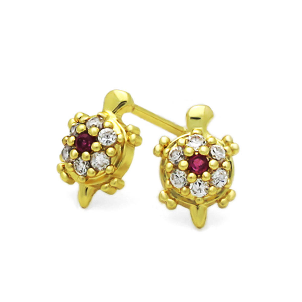 DoubleAccent 14K Yellow Gold Plated Small Turtle CZ Stud Screw Back Earrings For Children & Women