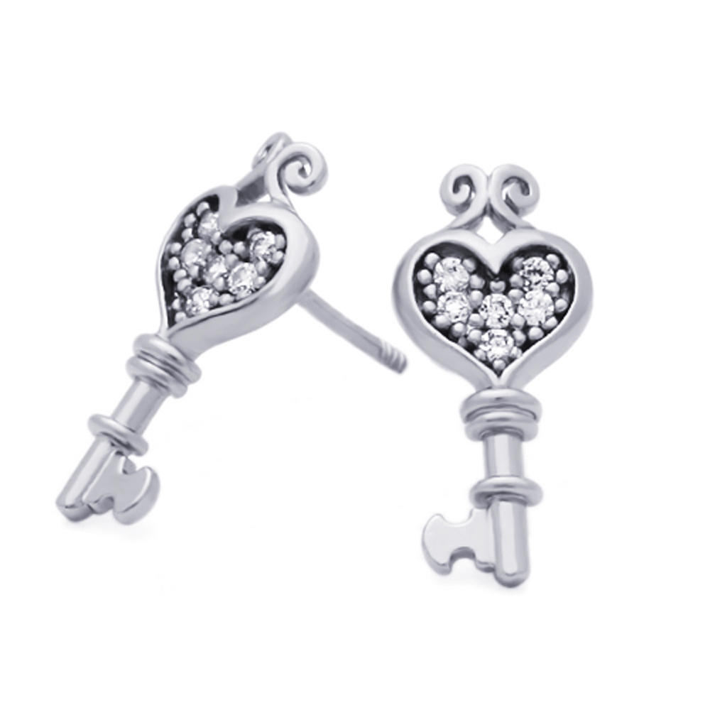 DoubleAccent 14K White Gold Plated Sterling Silver Heart Key CZ Stud Screw Back Earrings For Children & Women