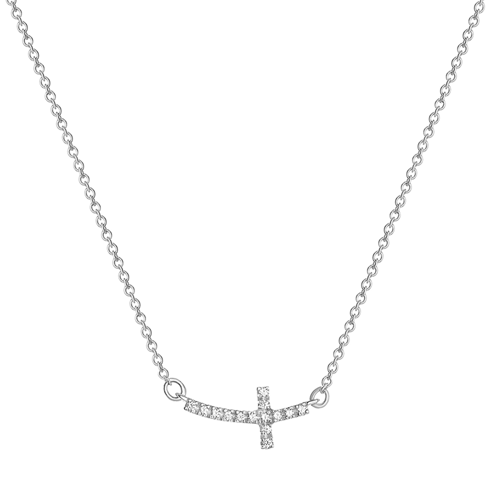 Double Accent 0.07 Carat Cubic Zirconia Solid 14K White Gold 15mm Sideways Cross Ladies Pendant Necklace