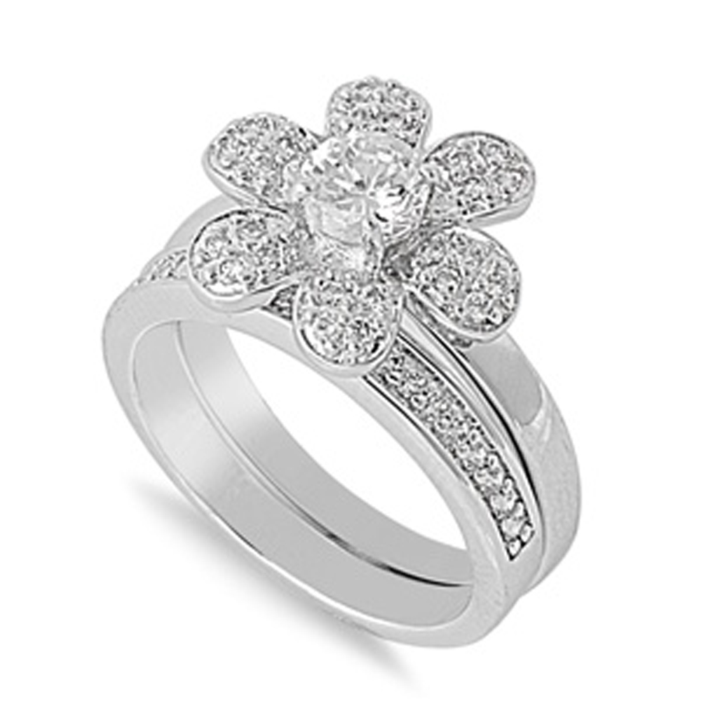 Double Accent Rhodium Plated Sterling Silver Wedding & Engagement Ring Flower Ring Set 5MM ( Size 5 to 10) Size 10