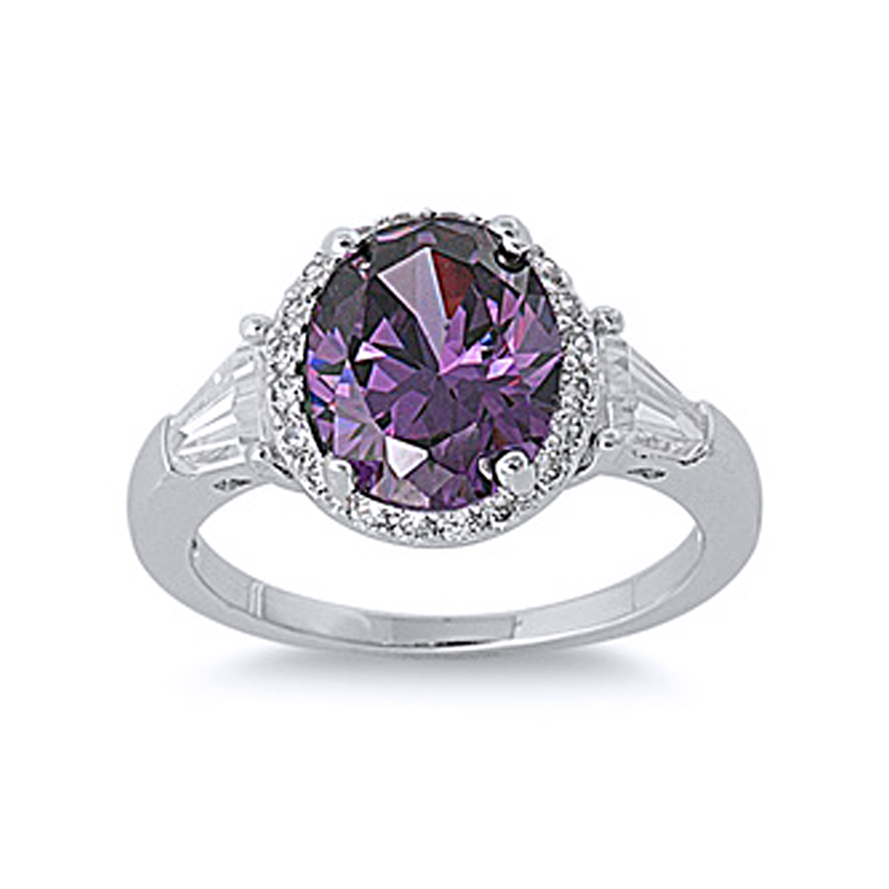 Double Accent Rhodium Plated Sterling Silver Wedding & Engagement Ring Amethyst CZ Ring 12MM ( Size 5 to 9) Size 5