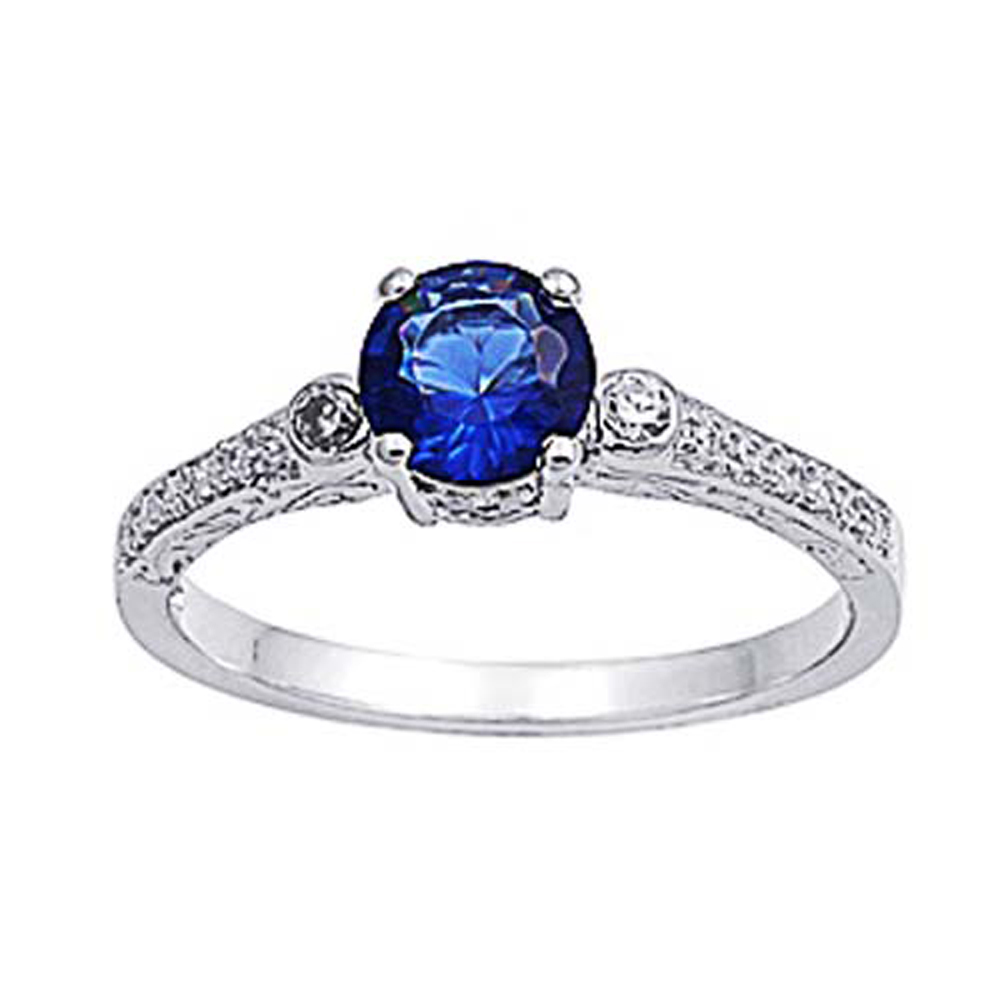 Double Accent Rhodium Plated Sterling Silver Wedding & Engagement Ring Blue Sapphire / Clear CZ Ladies Ring 7MM ( Size 4 to 9)