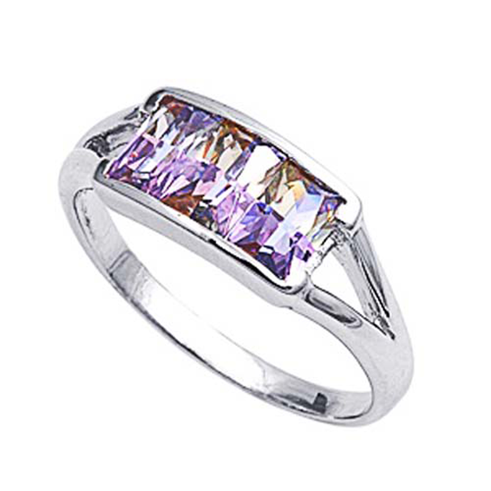 Double Accent Rhodium Plated Sterling Silver Wedding & Engagement Ring Multi-Color CZ 3 Stone Ring 8MM ( Size 6 to 9)