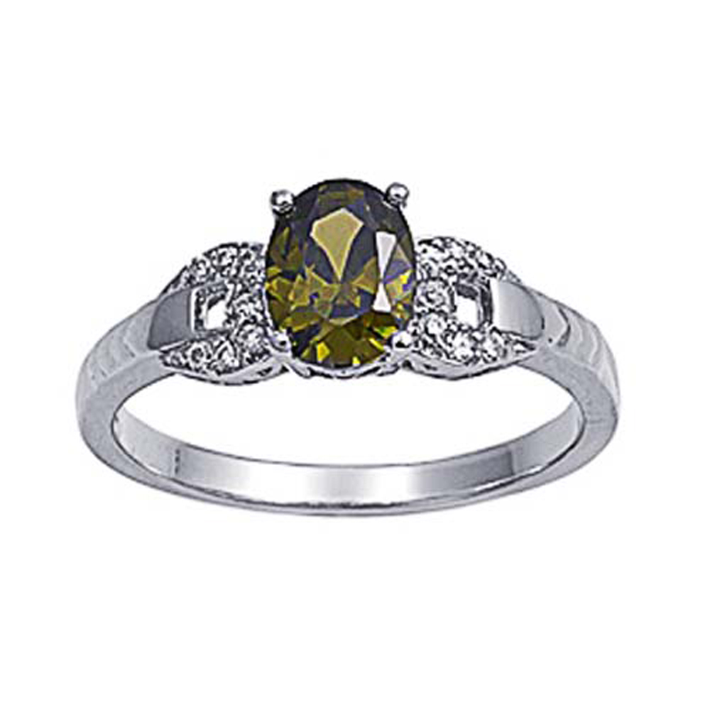 Double Accent Rhodium Plated Sterling Silver Wedding & Engagement Ring Peridot / Clear CZ Ladies Ring 8MM ( Size 4 to 9)