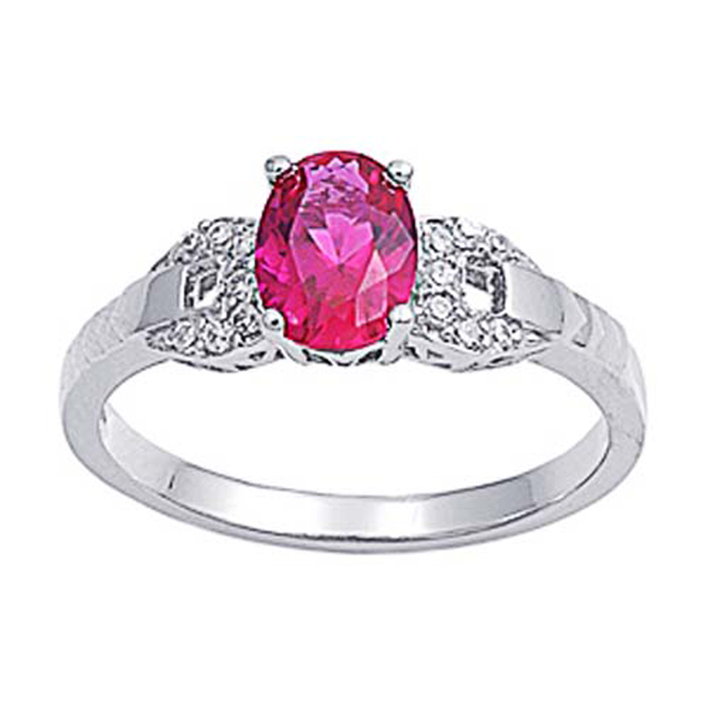 Double Accent Rhodium Plated Sterling Silver Wedding & Engagement Ring Ruby / Clear CZ Ladies Ring 8MM ( Size 4 to 9)