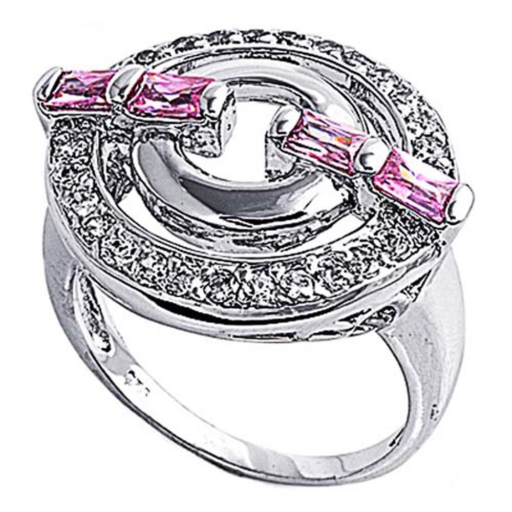 Double Accent Rhodium Plated Sterling Silver Wedding & Engagement Ring Clear CZ, Pink CZ Circle Pattern Ring MM ( Size 5 to 9)