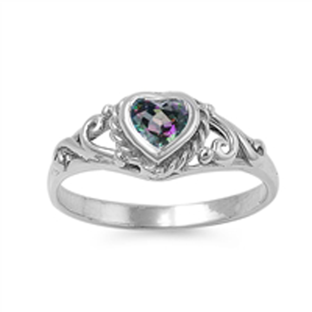 Double Accent Rhodium Plated Dazzling Sterling Silver Baby Ring Rainbow Topaz CZ Heart Ring 7MM ( Size 1 to 5 )