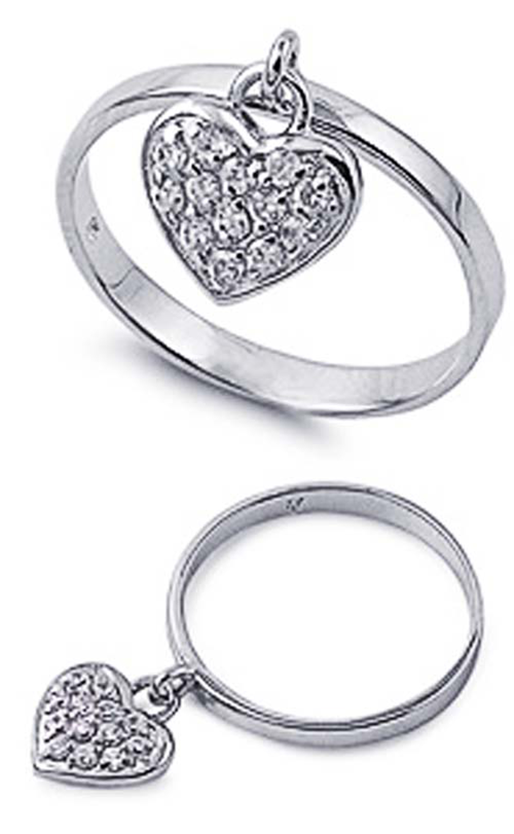 Double Accent Rhodium Plated Sterling Silver Wedding & Engagement Ring Clear CZ Heart charm ring 11MM ( Size 5 to 9)