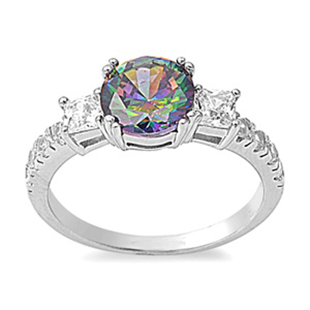 Double Accent Rhodium Plated Sterling Silver Wedding & Engagement Ring Rainbow Topaz, Clear CZ  CZ Ring 8MM ( Size 5 to 9) Size 10
