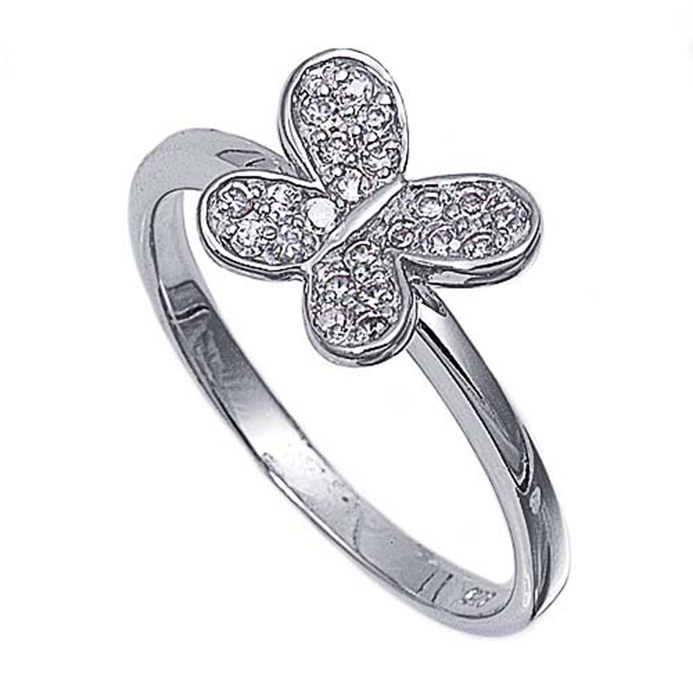 Double Accent Rhodium Plated Sterling Silver Wedding & Engagement Ring Clear CZ Butterfly Ring 8MM ( Size 5 to 9)