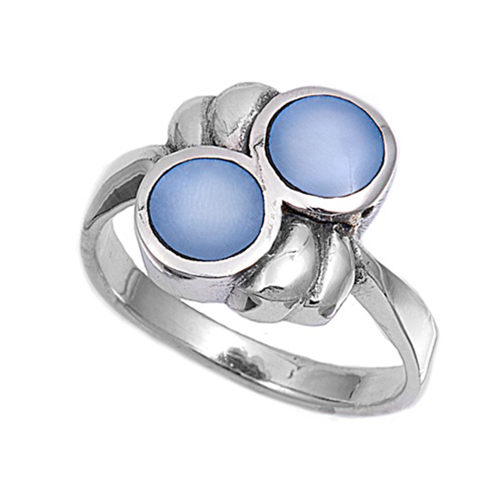 Double Accent Rhodium Plated Sterling Silver Wedding & Engagement Ring Blue Mother of Pearl 2 Stones Ring 12MM ( Size 5 to 9)