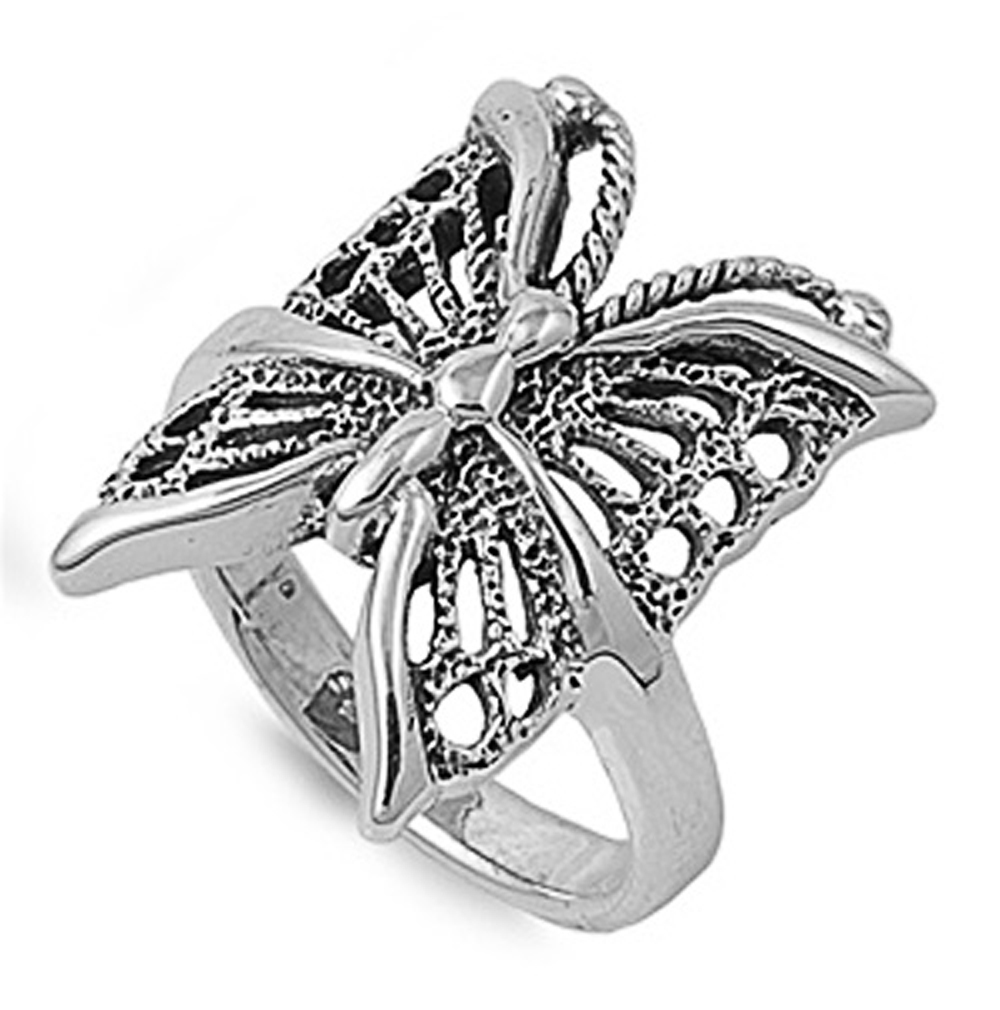 Double Accent Rhodium Plated Sterling Silver Wedding & Engagement Ring  Butterfly Ring 21MM ( Size 4 to 8)