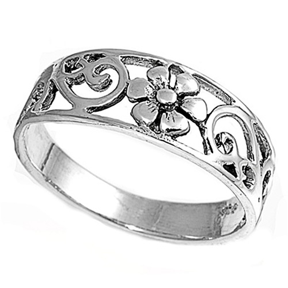 Double Accent Rhodium Plated Sterling Silver Wedding & Engagement Ring  Plumeria Band 7MM ( Size 4 to 9)