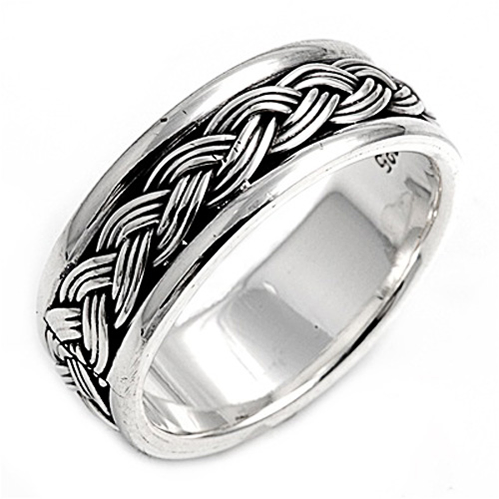 Double Accent Rhodium Plated Sterling Silver Wedding & Engagement Ring  Knot Design Band 8MM ( Size 10 to 14)