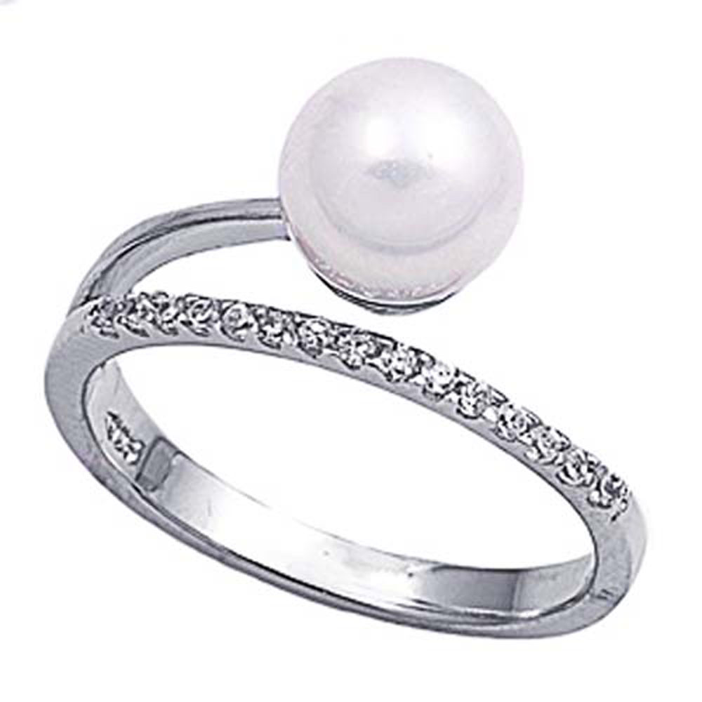 Double Accent Rhodium Plated Sterling Silver Wedding & Engagement Ring Pearl, Clear CZ Pearl Ring MM ( Size 5 to 9)