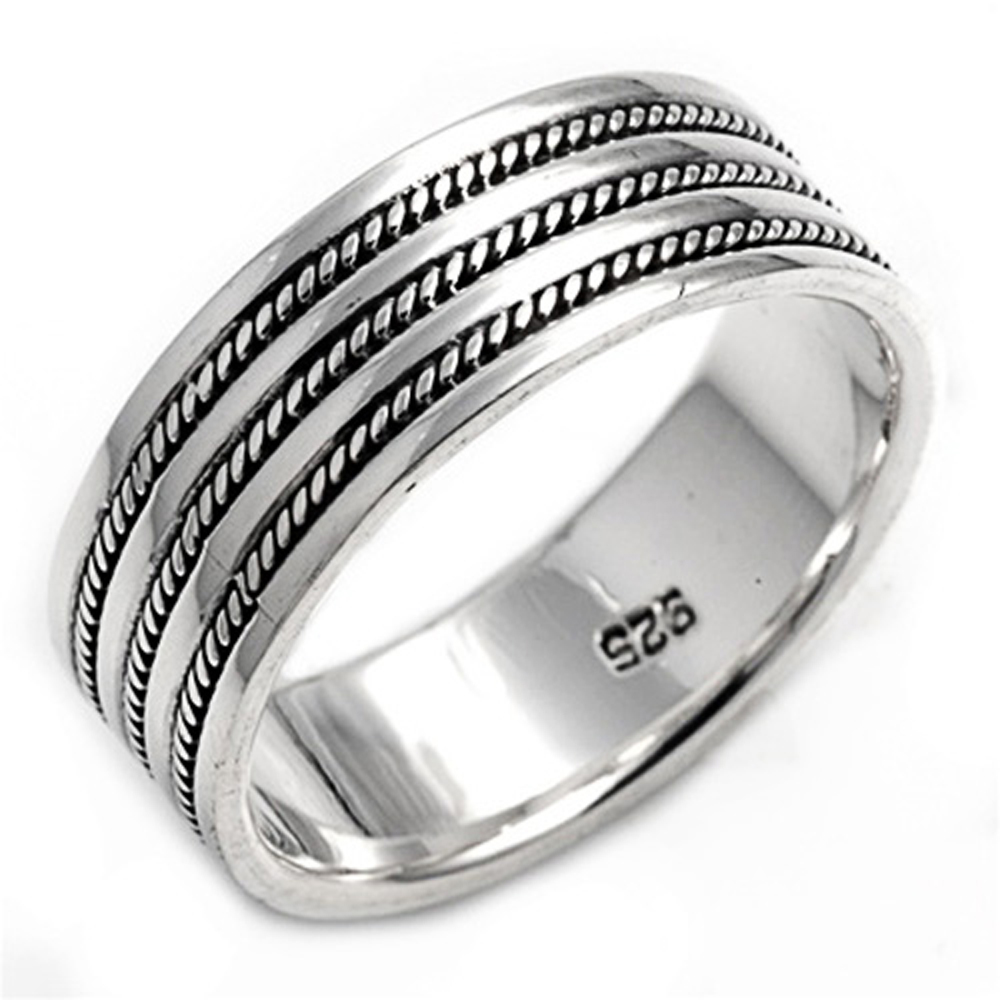 Double Accent Rhodium Plated Sterling Silver Wedding & Engagement Ring  3 Rows pattern Band 8MM ( Size 8 to 14)