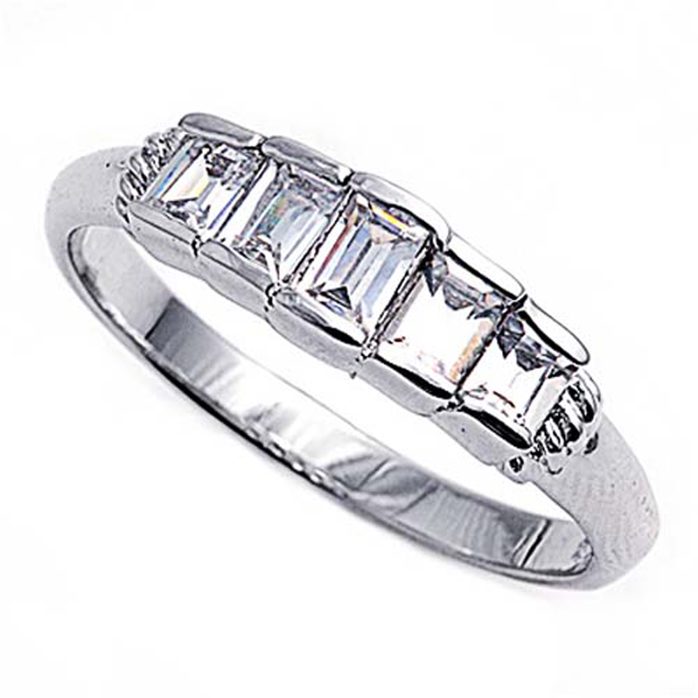Double Accent Rhodium Plated Sterling Silver Wedding & Engagement Ring Emerald Cut Clear CZ 5 Stones Ring MM ( Size 5 to 10)