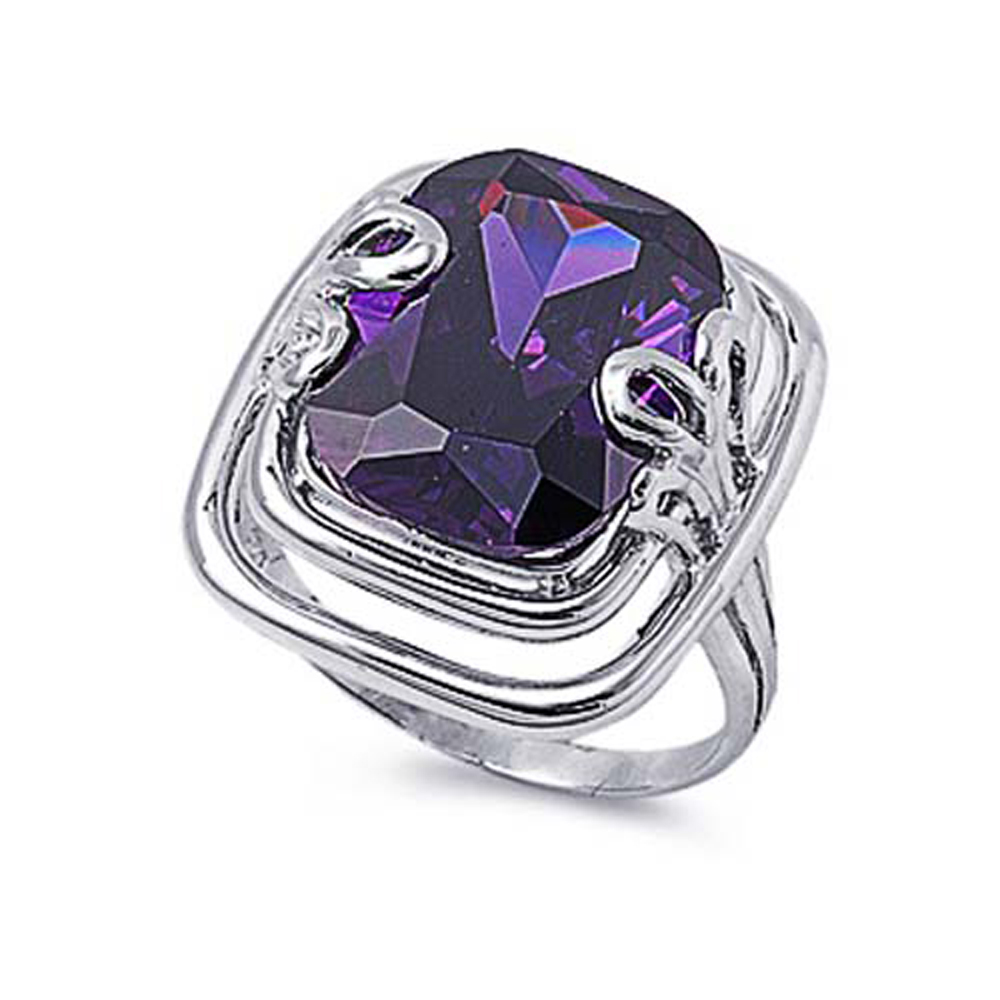 Double Accent Rhodium Plated Sterling Silver Wedding & Engagement Ring Amethyst  Ladies Ring 22MM ( Size 6 to 10)