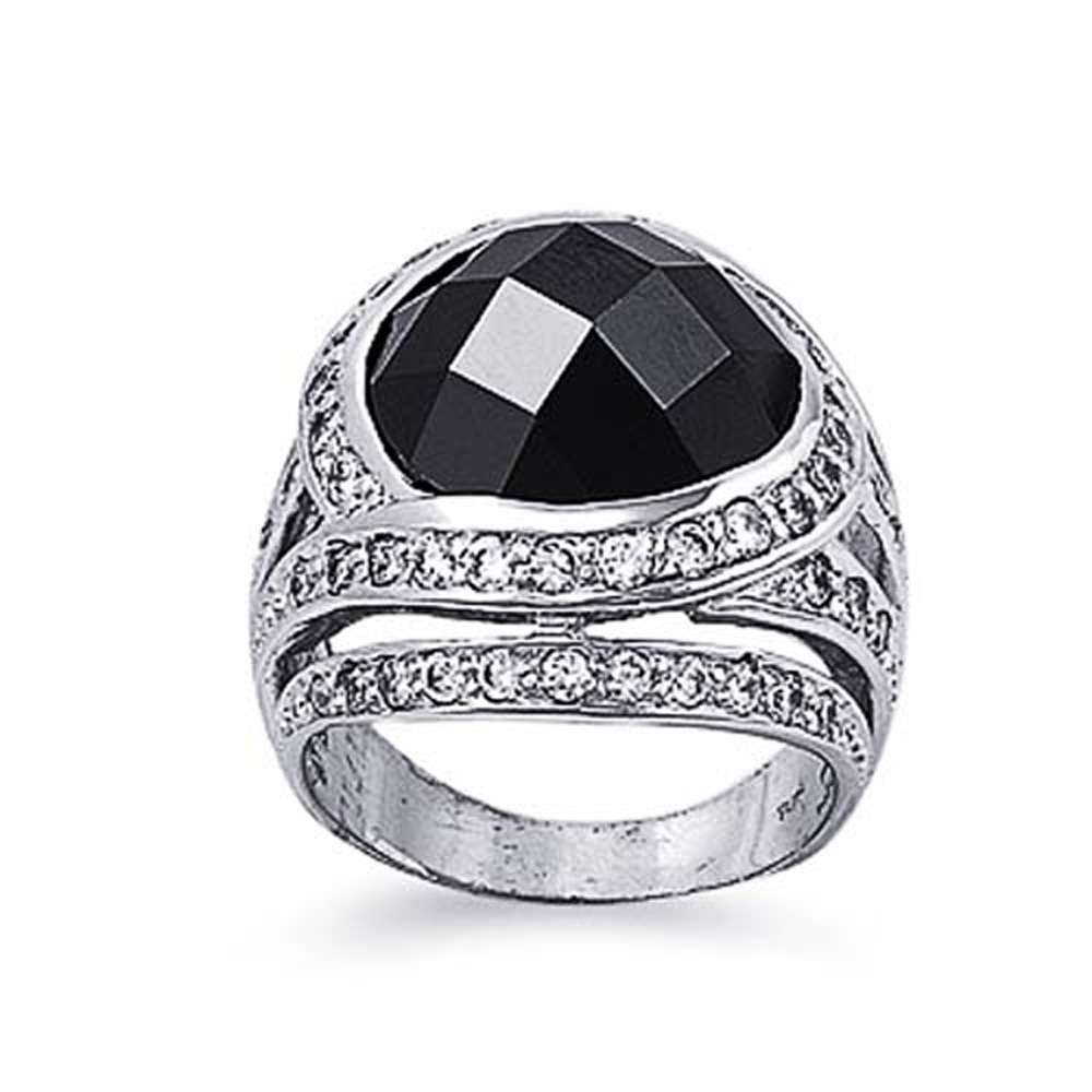 Double Accent Rhodium Plated Sterling Silver Wedding & Engagement Ring Black CZ  Ladies Ring 26MM ( Size 6 to 10)
