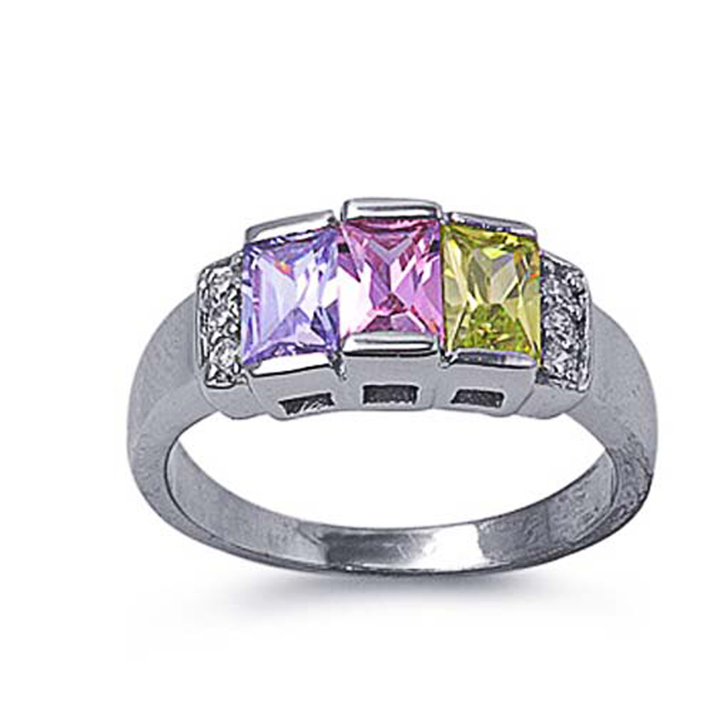 Double Accent Rhodium Plated Sterling Silver Wedding & Engagement Ring Multicolor CZ  Ladies Ring 8MM ( Size 5 to 9)