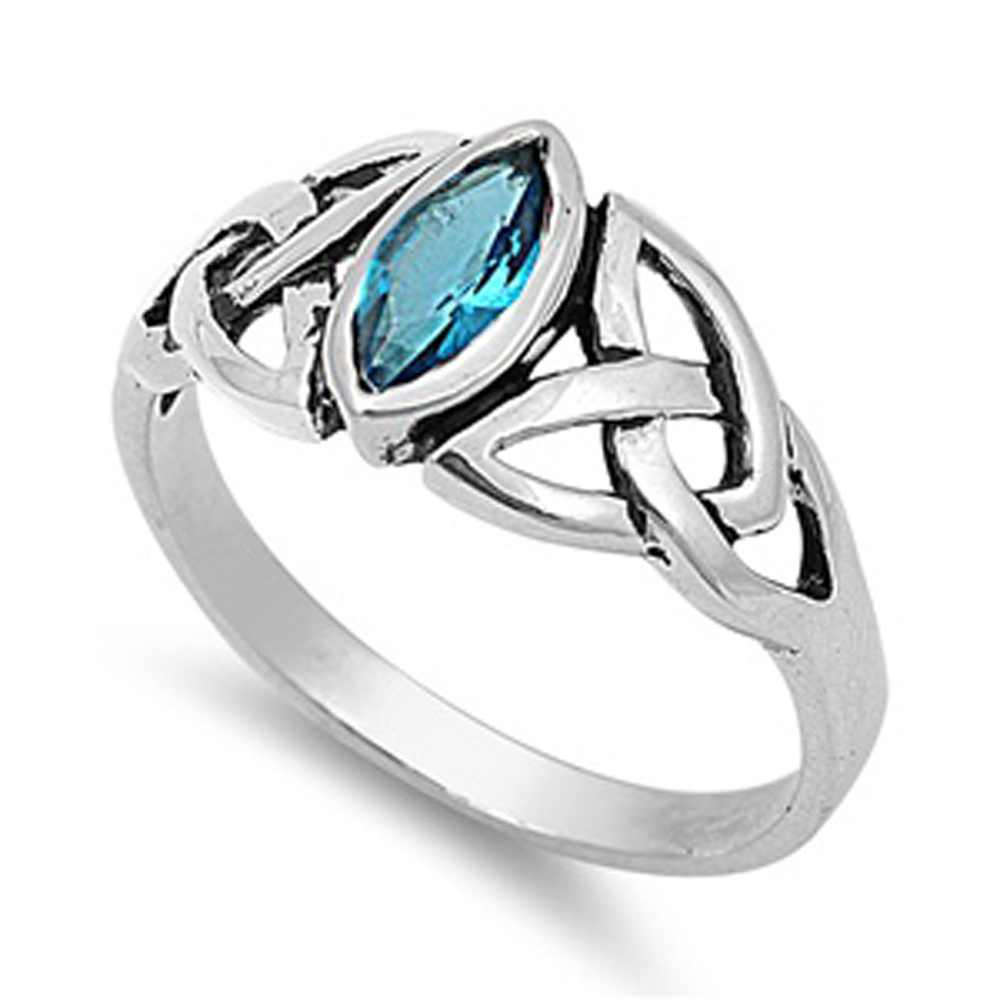 Double Accent Rhodium Plated Sterling Silver Wedding & Engagement Ring Blue Topaz Color CZ Celtic Design 9MM ( Size 5 to 10) Size 5