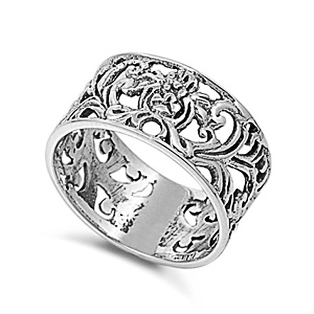 Double Accent Rhodium Plated Sterling Silver Wedding & Engagement Ring  Filigree Ring 10MM ( Size 5 to 9)