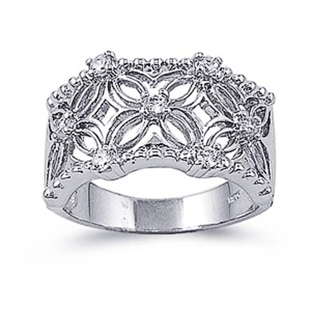 Double Accent Rhodium Plated Sterling Silver Wedding & Engagement Ring Clear CZ Filigree ring 12MM ( Size 6 to 9)