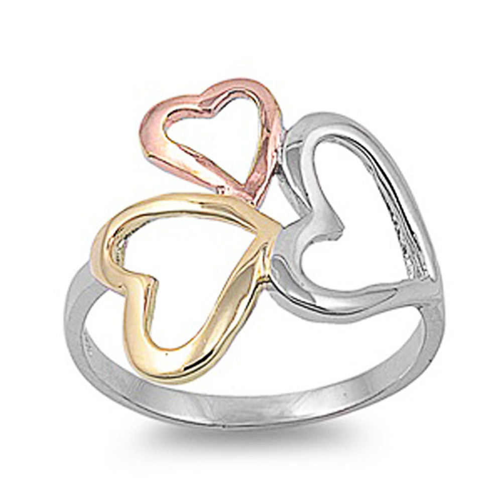 Double Accent Rhodium Plated Sterling Silver Wedding & Engagement Ring  Tri - Color Heart Ring 19MM ( Size 5 to 10)