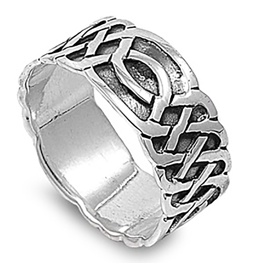 Double Accent Rhodium Plated Sterling Silver Wedding & Engagement Ring  Celtic Ring 10MM ( Size 8 to 14)