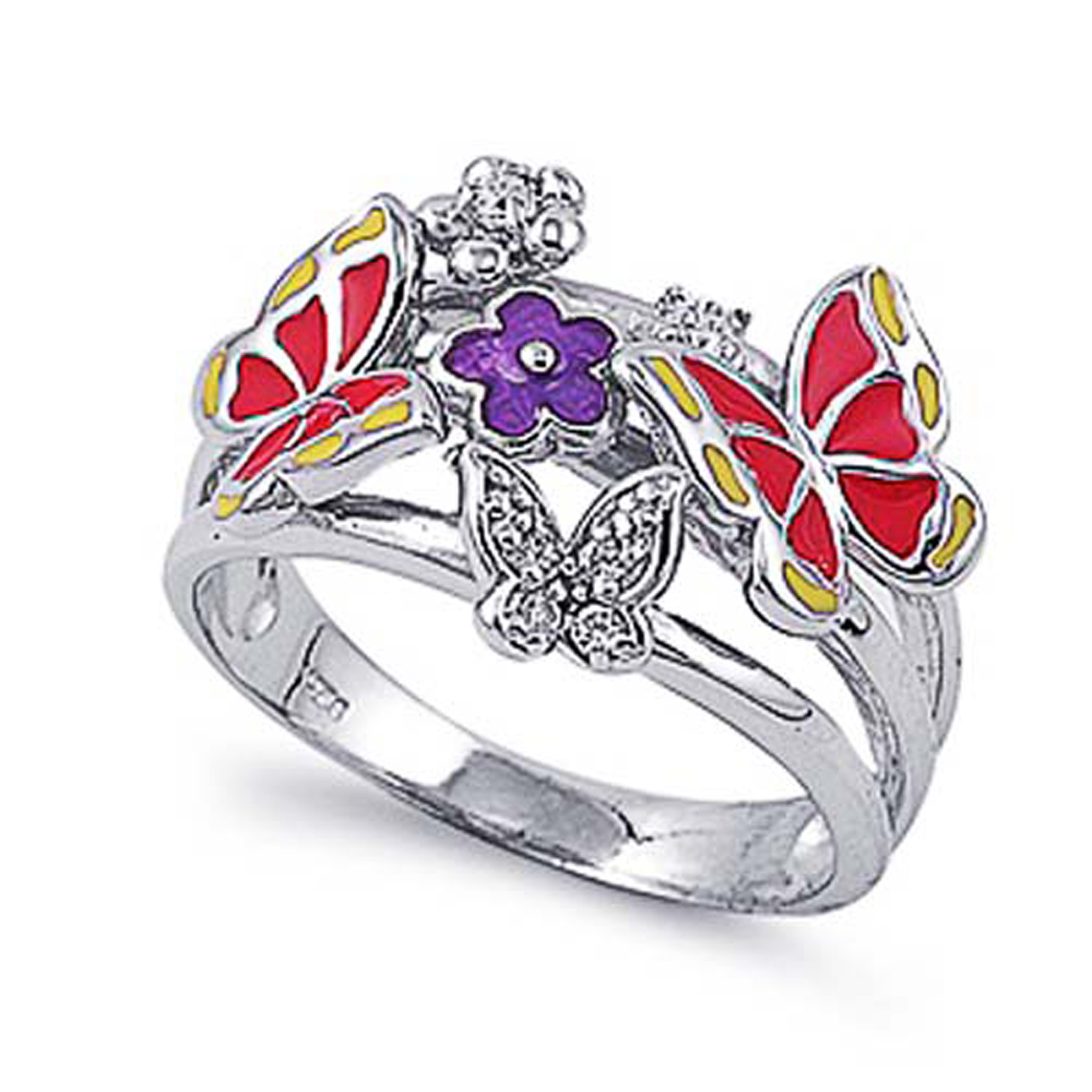 Double Accent Rhodium Plated Sterling Silver Wedding & Engagement Ring Multicolor w/ Clear CZ Butterfly Ring 15MM ( Size 5 to 9)