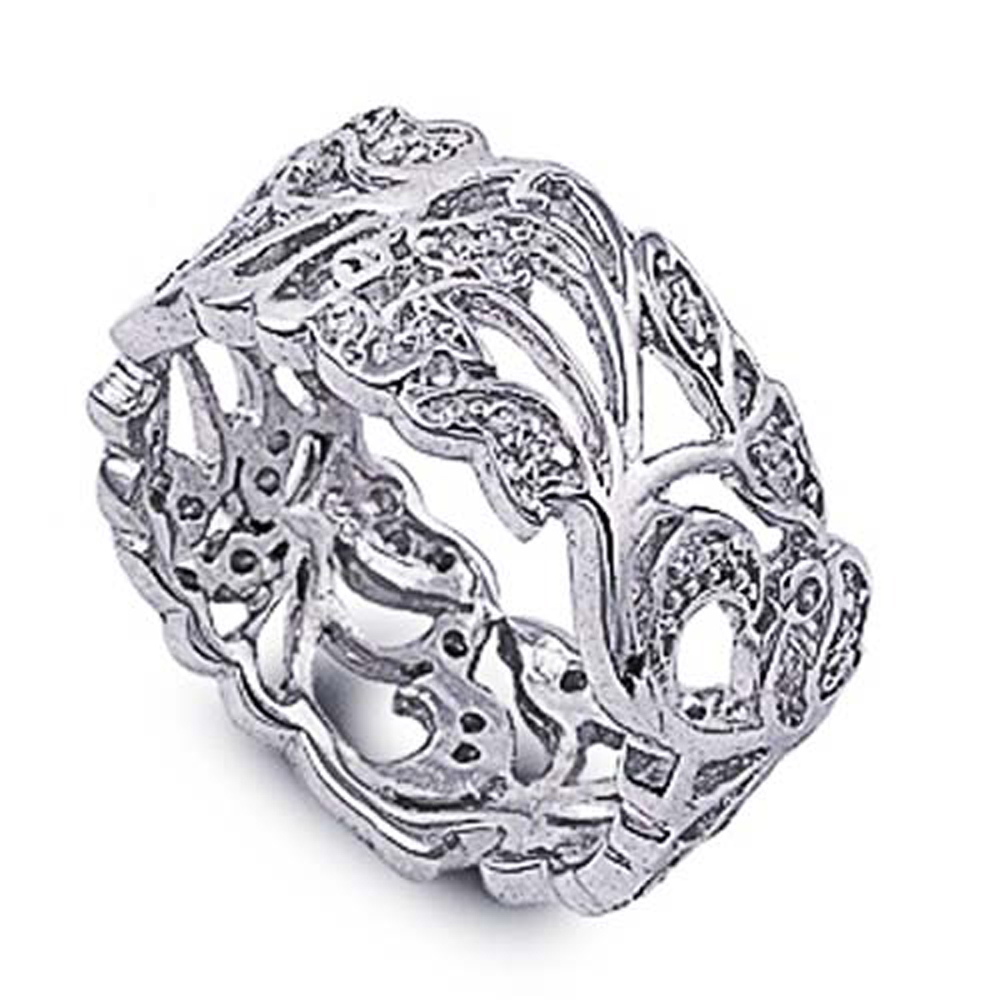 Double Accent Rhodium Plated Sterling Silver Wedding & Engagement Ring Clear CZ Leaf Band Ring 10MM ( Size 5 to 9)