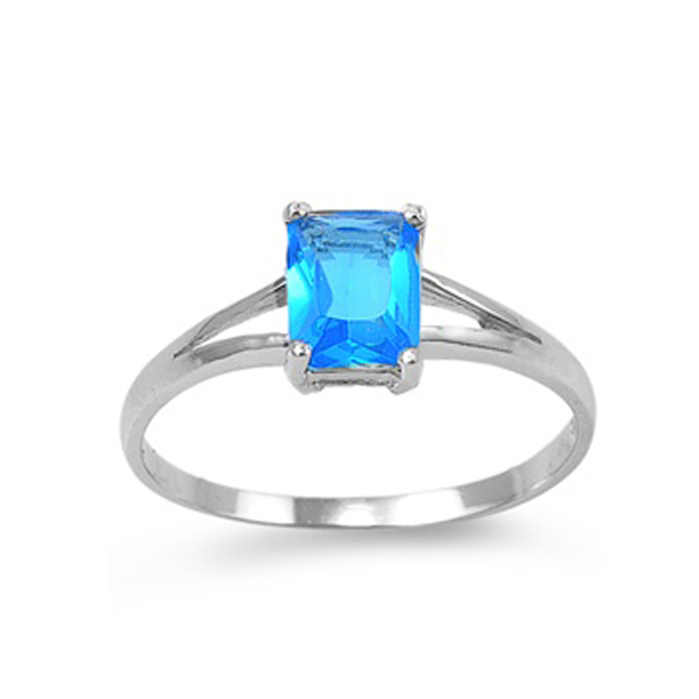 Double Accent Rhodium Plated Dazzling Sterling Silver Baby Ring Blue Topaz CZ Rectangle Ring 7MM ( Size 1 to 9) Size 2