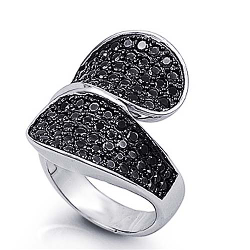 Double Accent Rhodium Plated Sterling Silver Wedding & Engagement Ring Black CZ Ladies Ring 23MM ( Size 6 to 9)
