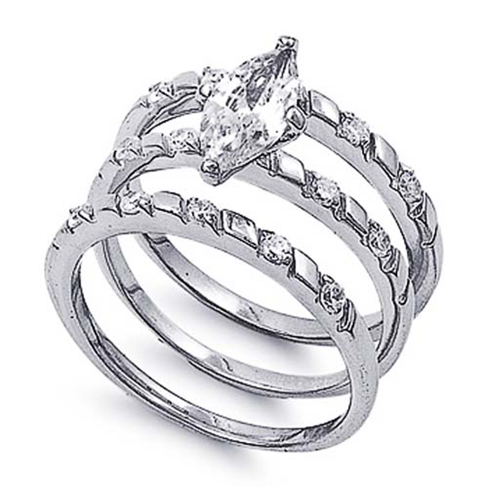 Double Accent Rhodium Plated Sterling Silver Wedding & Engagement Ring Clear CZ 3-pieces Wedding Ring Set 10MM ( Size 5 to 9)