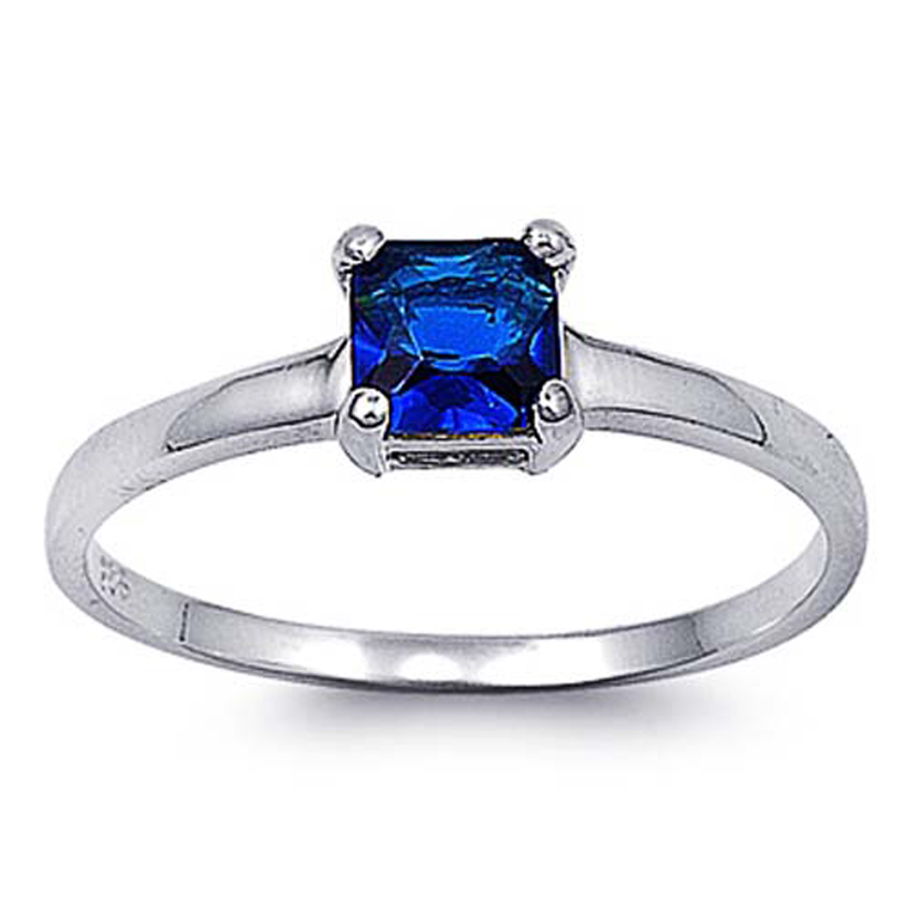 Double Accent Rhodium Plated Sterling Silver Wedding & Engagement Ring Blue Sapphire CZ Solitaire Ring 5MM ( Size 4 to 9)