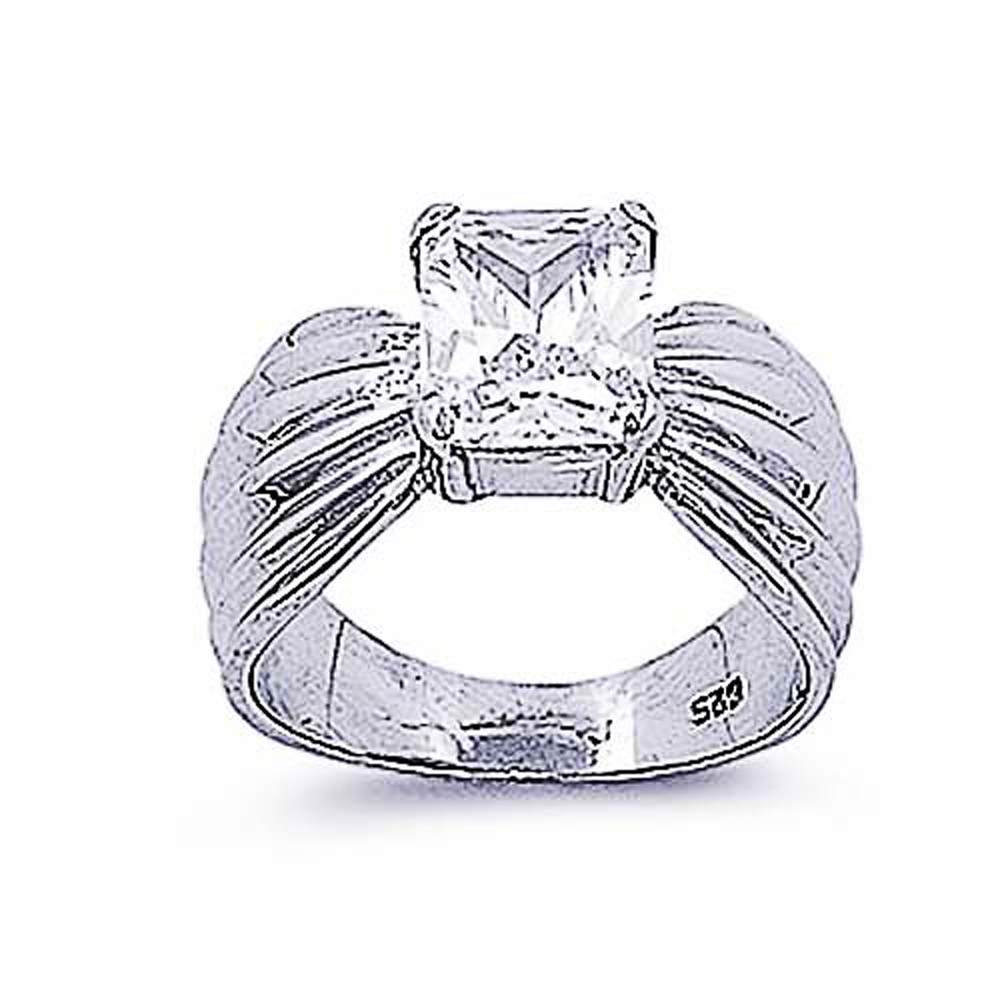 Double Accent Rhodium Plated Sterling Silver Wedding & Engagement Ring Clear CZ Solitaire Ring 4MM ( Size 7 to 10)