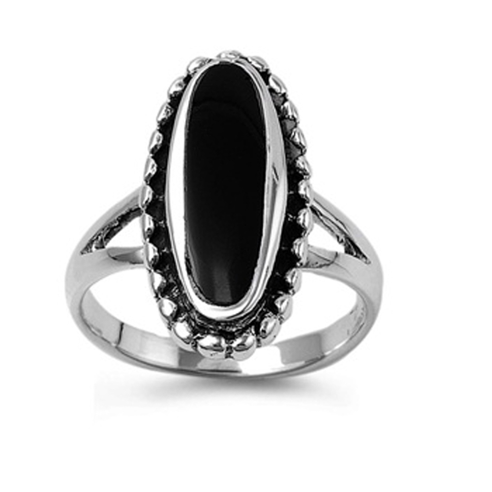 Double Accent Rhodium Plated Sterling Silver Wedding & Engagement Ring Black Onyx Ladies Ring 21MM ( Size 5 to 9)