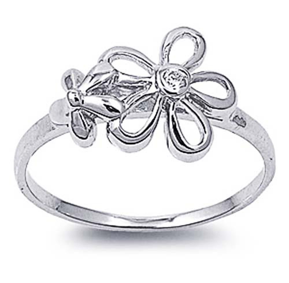 Double Accent Rhodium Plated Sterling Silver Wedding & Engagement Ring Clear CZ Plumeria Ring 9MM ( Size 4 to 9)