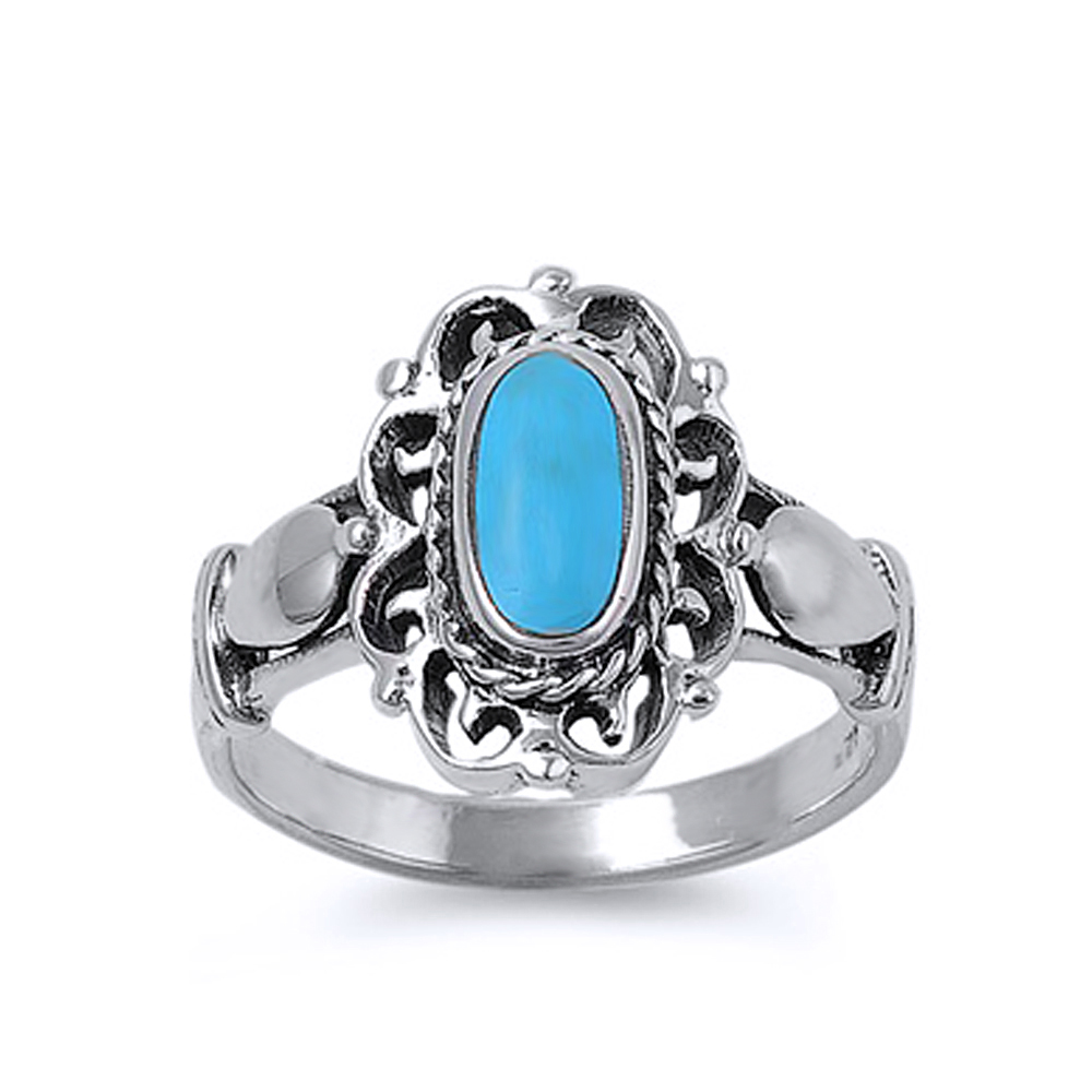 Double Accent Rhodium Plated Sterling Silver Wedding & Engagement Ring Turquoise  Ladies Ring 16MM ( Size 5 to 9)