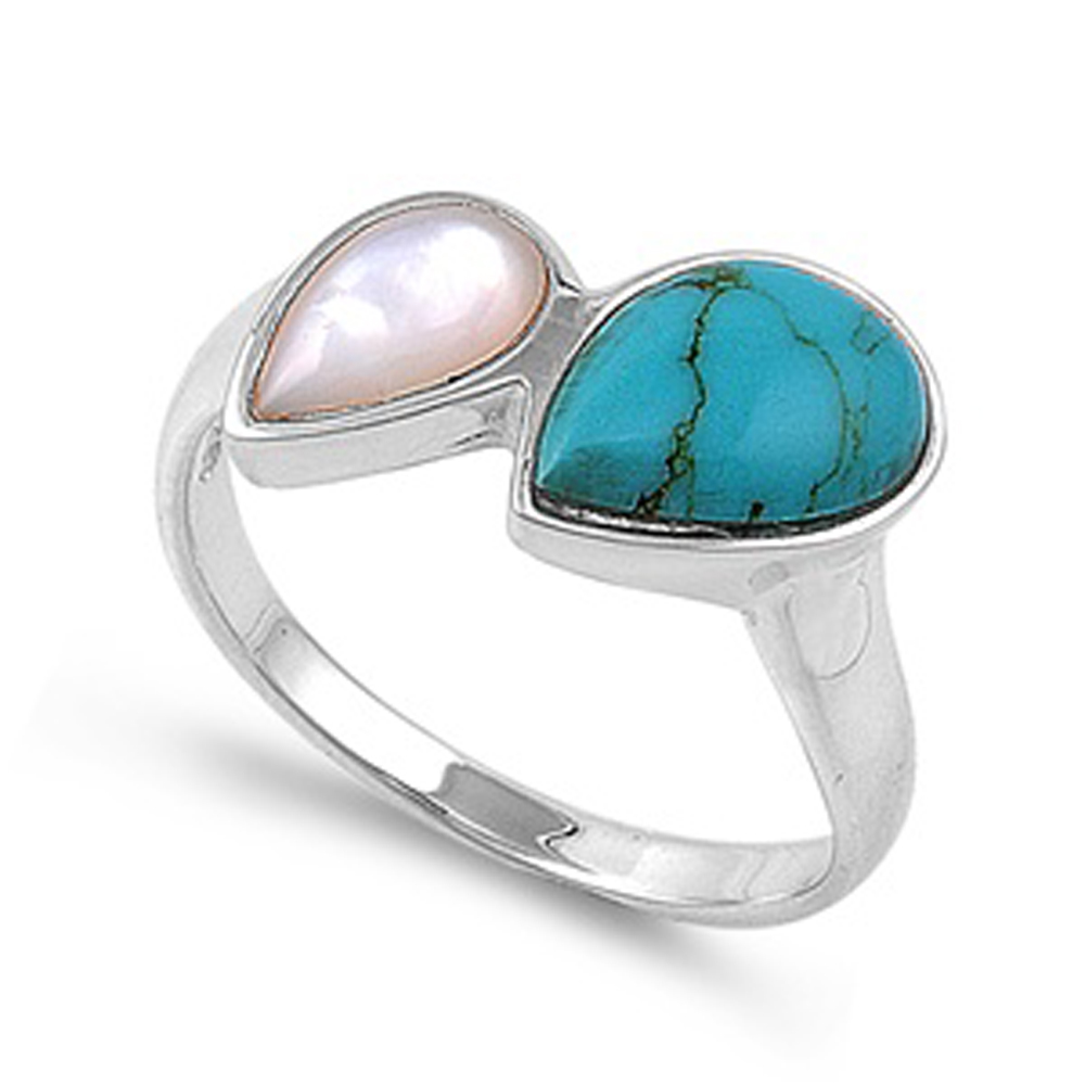 Double Accent Rhodium Plated Sterling Silver Wedding & Engagement Ring Turquoise, Mother of Pearl Pear shape stone ring 10MM ( Size 5 to 9)