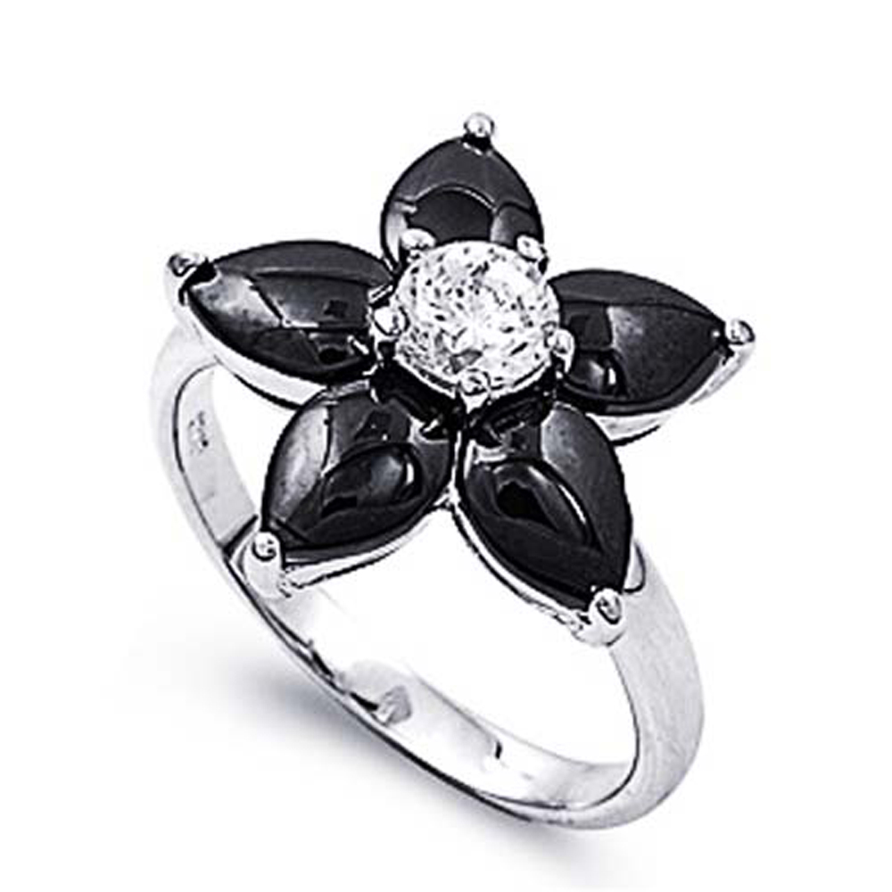 Double Accent Rhodium Plated Sterling Silver Wedding & Engagement Ring Black, Clear CZ Plumeria Ring 17MM ( Size 5 to 9)