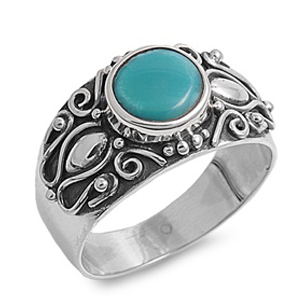 Double Accent Rhodium Plated Sterling Silver Wedding & Engagement Ring  Turquoise  Ladies Ring 11MM ( Size 6 to 9)
