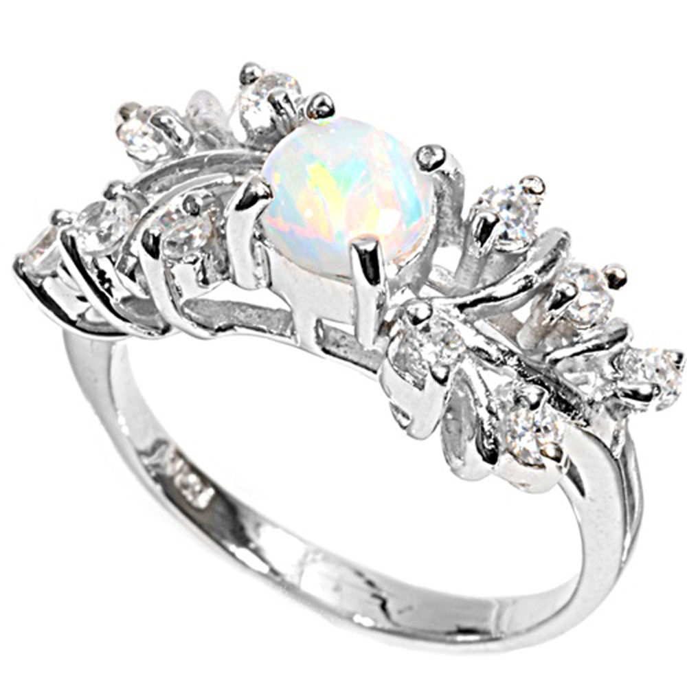 Double Accent Rhodium Plated Sterling Silver Wedding & Engagement Ring Lab Opal, Amethyst Ladies Ring 9MM ( Size 6 to 8)